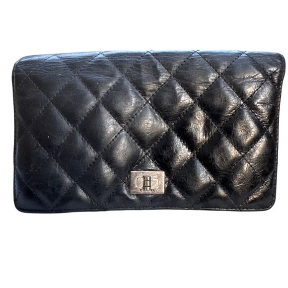 🍒 CHANEL 2.55 Line Matelasse Long Wallet Black Leather Quilted France w/Dustbag - Picture 1 of 13